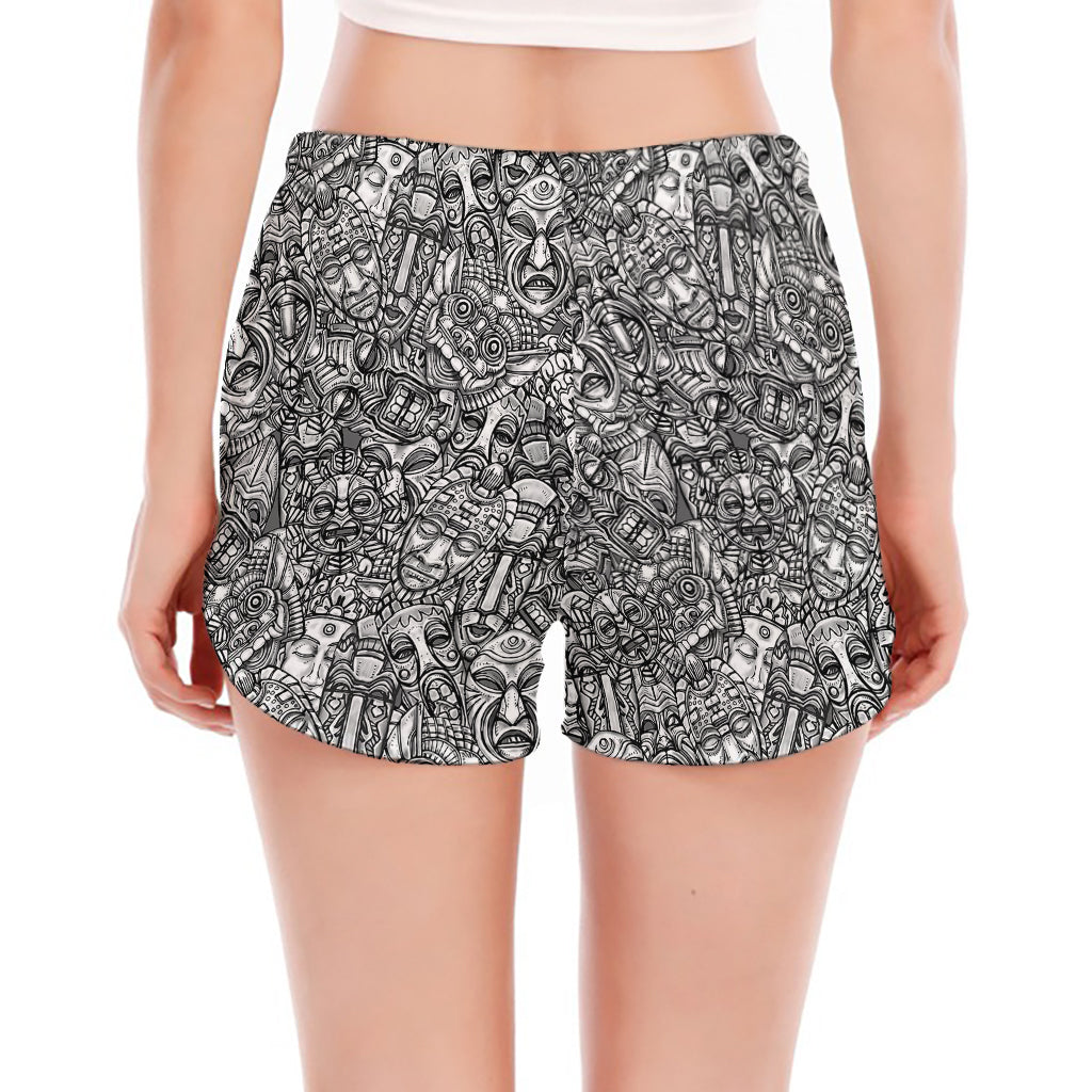 Grey And White Totem Pattern Print Women's Split Running Shorts