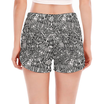 Grey And White Totem Pattern Print Women's Split Running Shorts