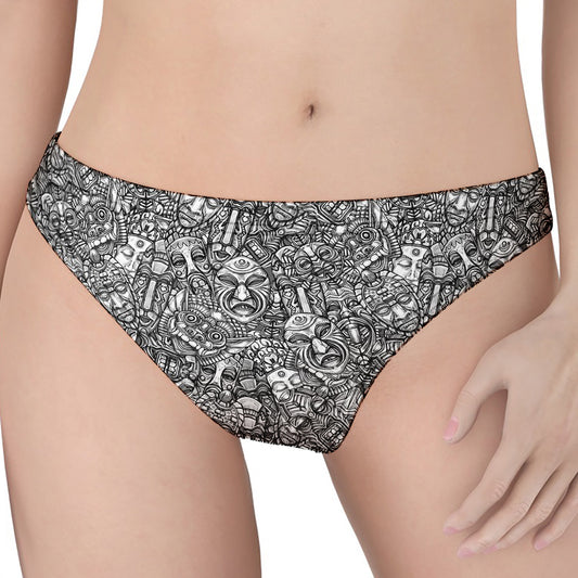 Grey And White Totem Pattern Print Women's Thong