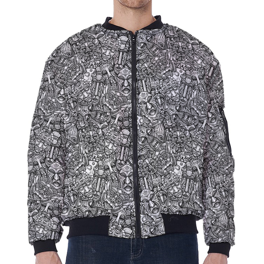 Grey And White Totem Pattern Print Zip Sleeve Bomber Jacket