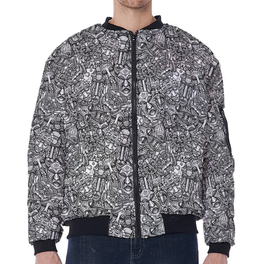 Grey And White Totem Pattern Print Zip Sleeve Bomber Jacket