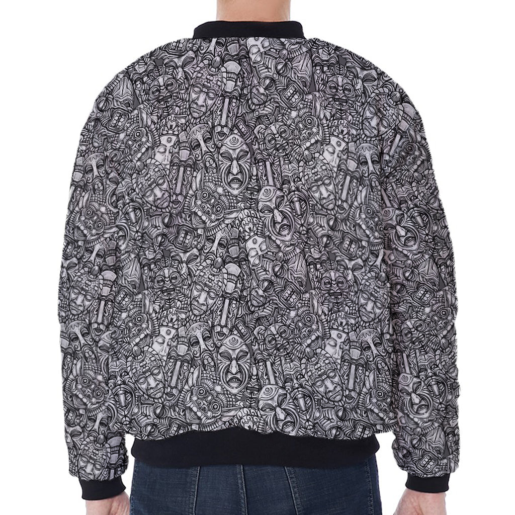 Grey And White Totem Pattern Print Zip Sleeve Bomber Jacket