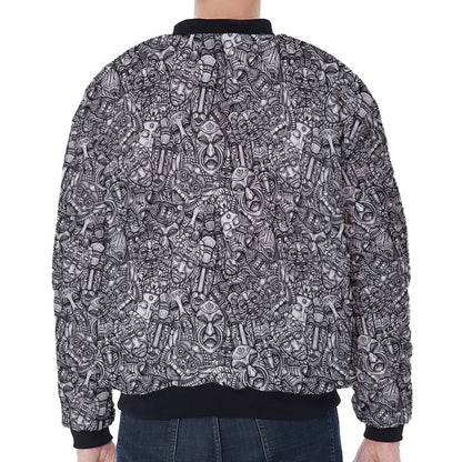 Grey And White Totem Pattern Print Zip Sleeve Bomber Jacket