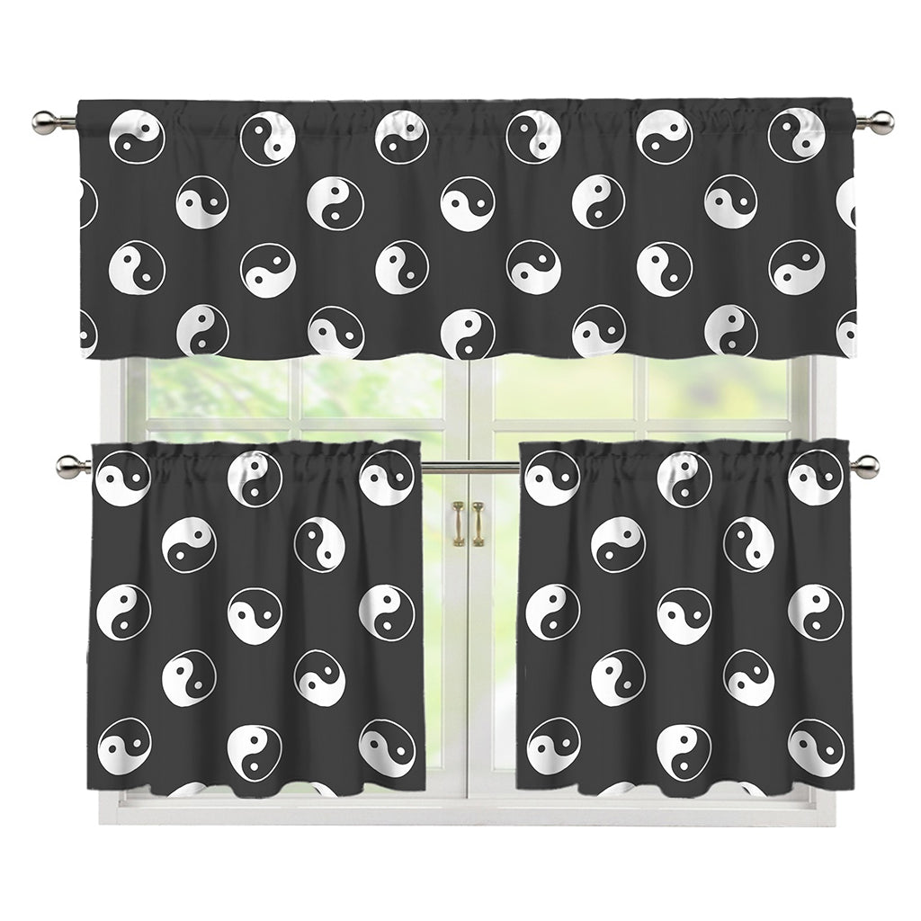 Grey And White Yin Yang Pattern Print 3 Piece Kitchen Curtains