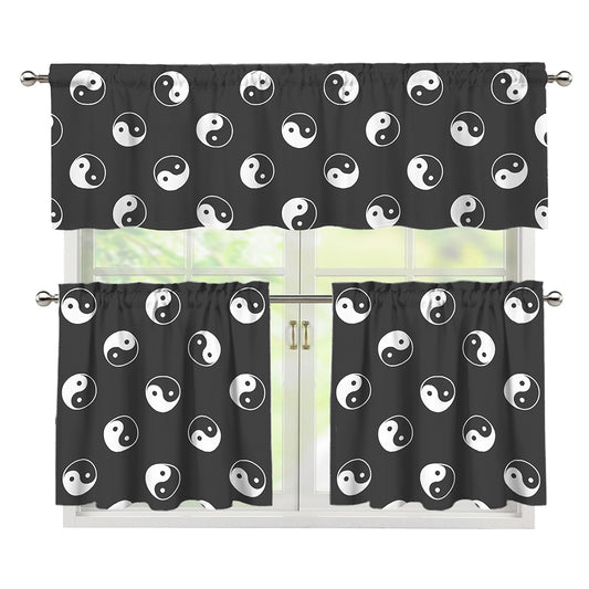 Grey And White Yin Yang Pattern Print 3 Piece Kitchen Curtains