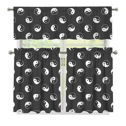 Grey And White Yin Yang Pattern Print 3 Piece Kitchen Curtains