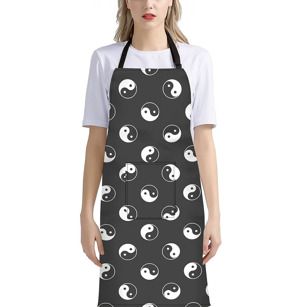 Grey And White Yin Yang Pattern Print Bib Apron With Pocket