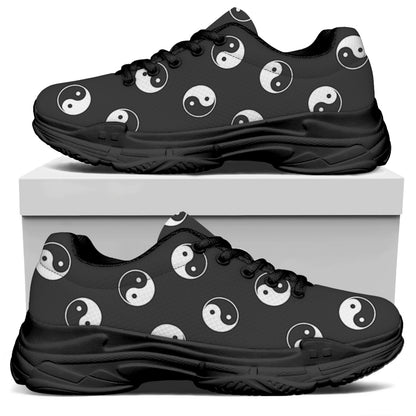 Grey And White Yin Yang Pattern Print Black Chunky Shoes