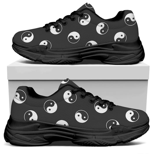 Grey And White Yin Yang Pattern Print Black Chunky Shoes
