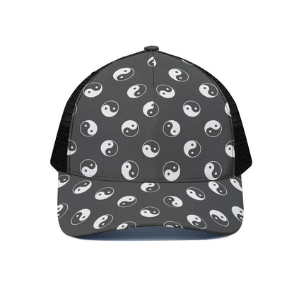 Grey And White Yin Yang Pattern Print Black Mesh Trucker Cap