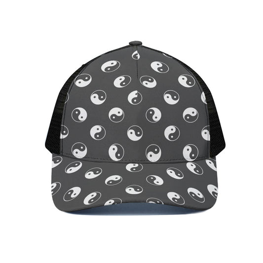 Grey And White Yin Yang Pattern Print Black Mesh Trucker Cap