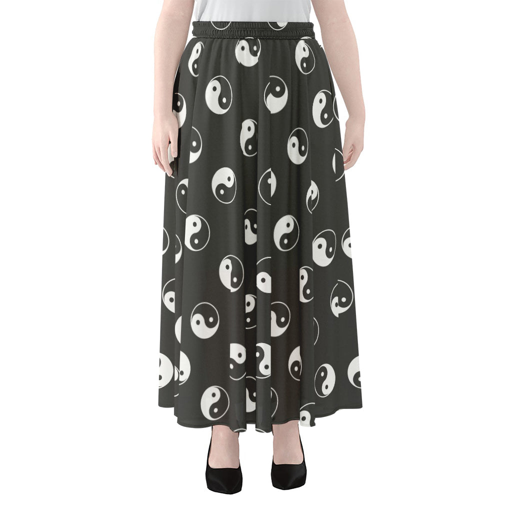 Grey And White Yin Yang Pattern Print Chiffon Maxi Skirt