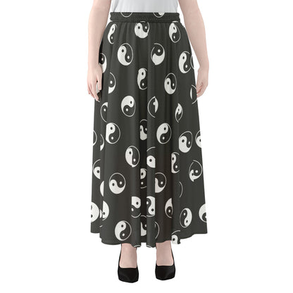 Grey And White Yin Yang Pattern Print Chiffon Maxi Skirt