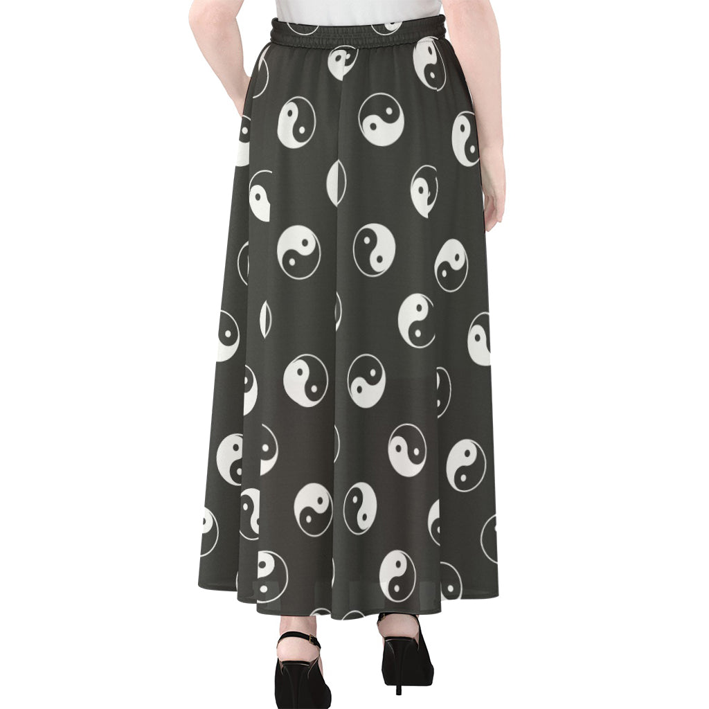 Grey And White Yin Yang Pattern Print Chiffon Maxi Skirt