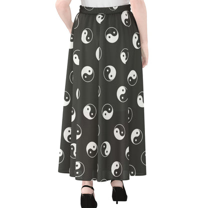 Grey And White Yin Yang Pattern Print Chiffon Maxi Skirt