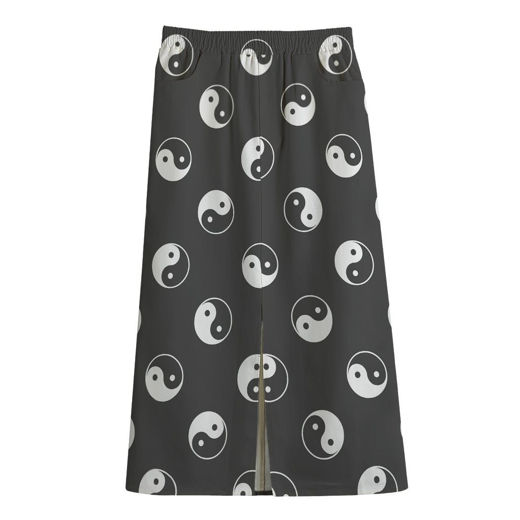 Grey And White Yin Yang Pattern Print Cotton Front Slit Maxi Skirt