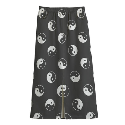 Grey And White Yin Yang Pattern Print Cotton Front Slit Maxi Skirt