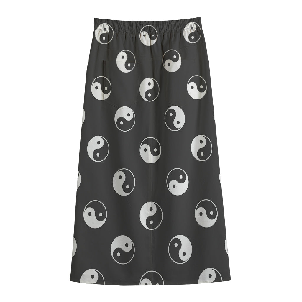 Grey And White Yin Yang Pattern Print Cotton Front Slit Maxi Skirt