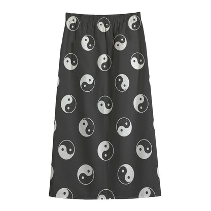 Grey And White Yin Yang Pattern Print Cotton Front Slit Maxi Skirt
