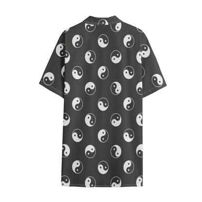 Grey And White Yin Yang Pattern Print Cotton Hawaiian Shirt
