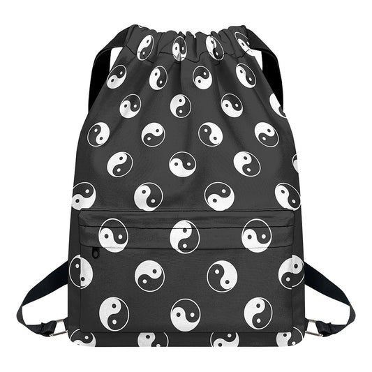 Grey And White Yin Yang Pattern Print Drawstring Backpack