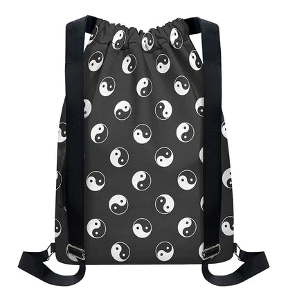 Grey And White Yin Yang Pattern Print Drawstring Backpack