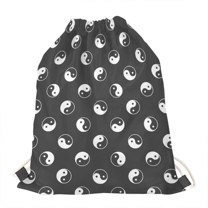 Grey And White Yin Yang Pattern Print Drawstring Bag