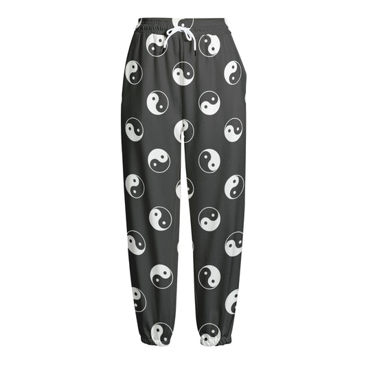 Grey And White Yin Yang Pattern Print Fleece Lined Knit Pants