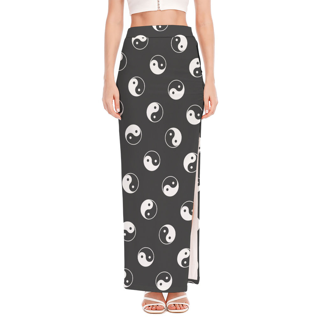 Grey And White Yin Yang Pattern Print High Slit Maxi Skirt