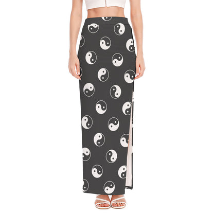 Grey And White Yin Yang Pattern Print High Slit Maxi Skirt