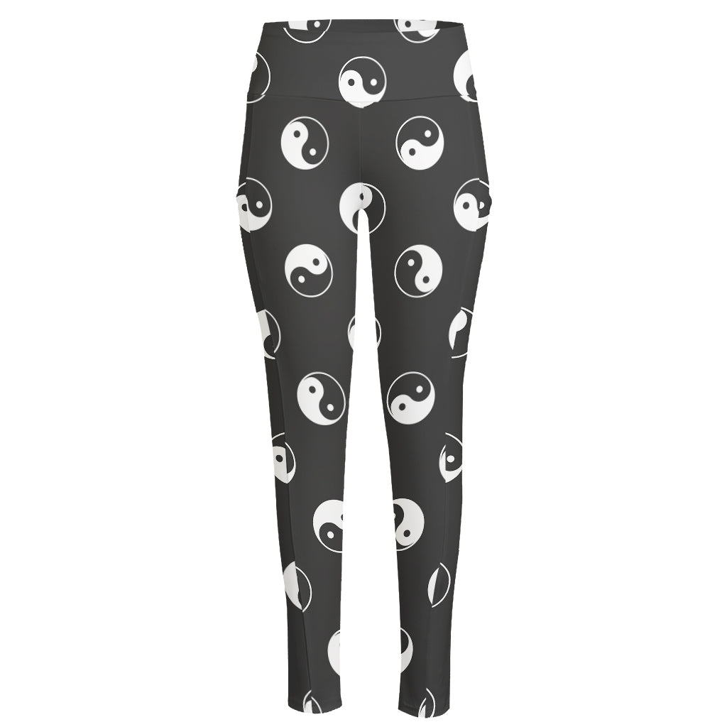 Grey And White Yin Yang Pattern Print High-Waisted Pocket Leggings