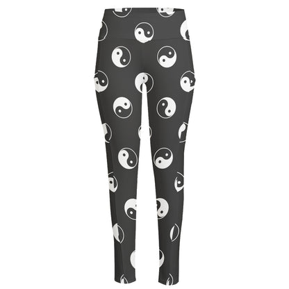 Grey And White Yin Yang Pattern Print High-Waisted Pocket Leggings