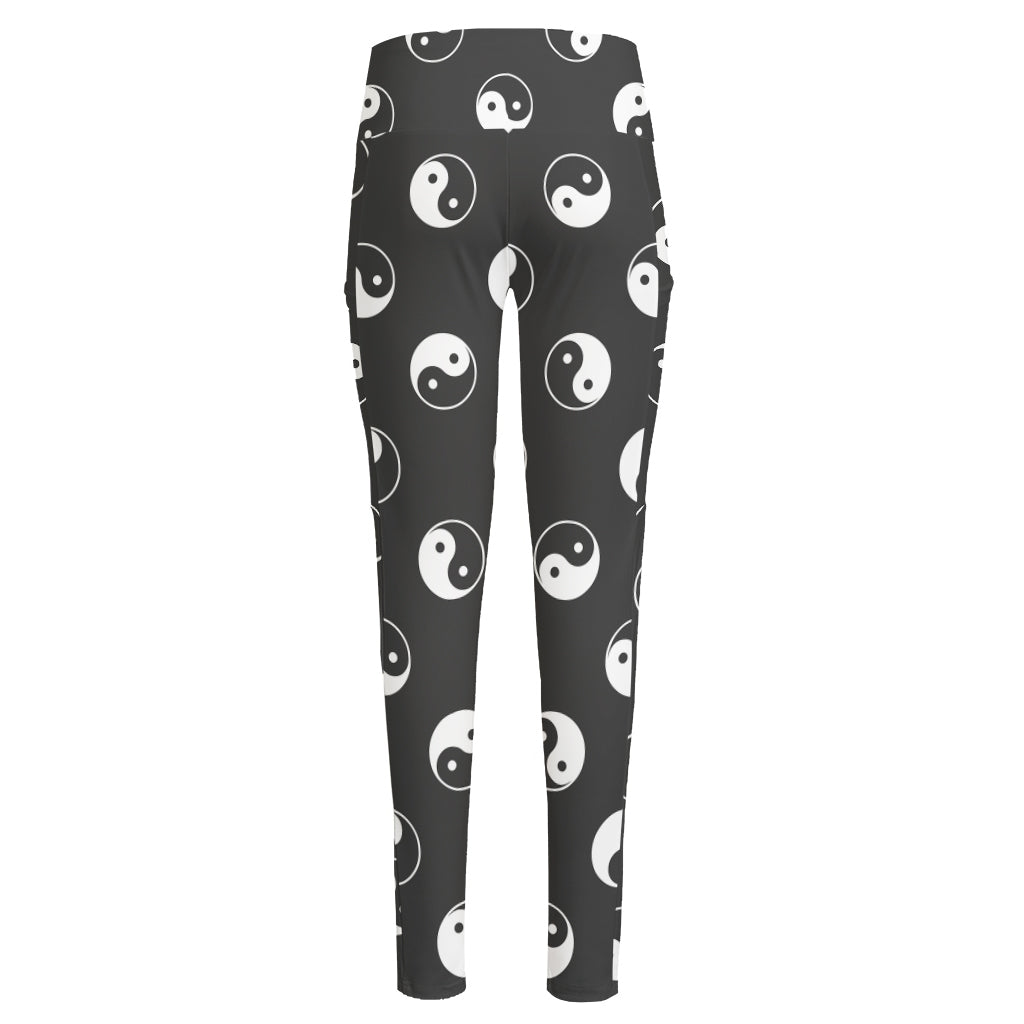 Grey And White Yin Yang Pattern Print High-Waisted Pocket Leggings