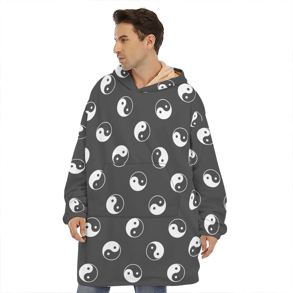 Grey And White Yin Yang Pattern Print Hoodie Blanket