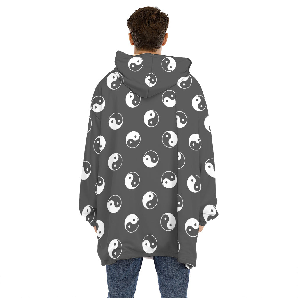 Grey And White Yin Yang Pattern Print Hoodie Blanket