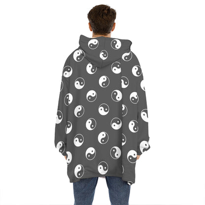 Grey And White Yin Yang Pattern Print Hoodie Blanket