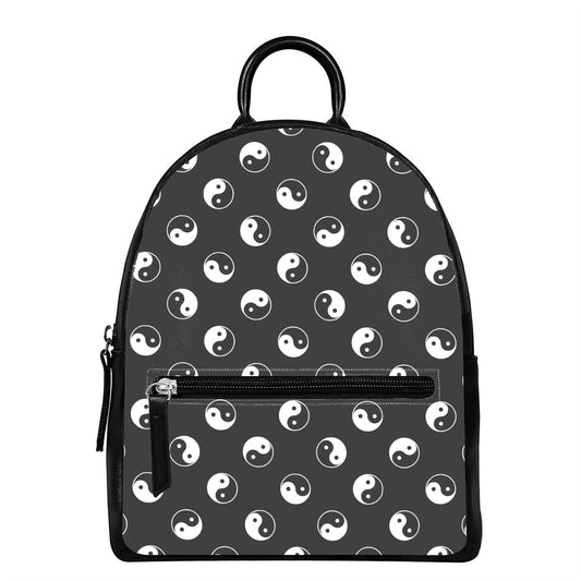 Grey And White Yin Yang Pattern Print Leather Backpack