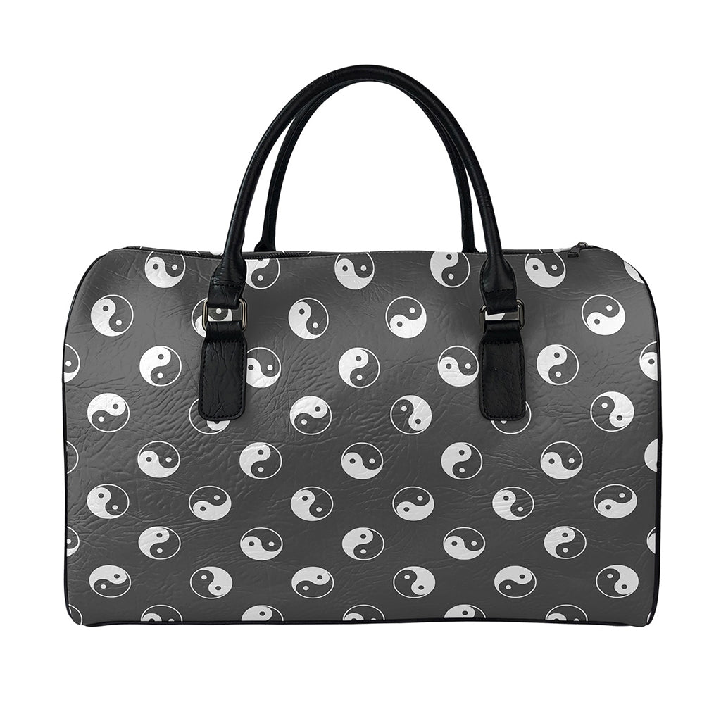 Grey And White Yin Yang Pattern Print Leather Duffle Bag