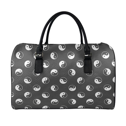 Grey And White Yin Yang Pattern Print Leather Duffle Bag