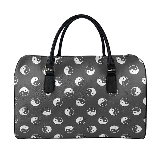 Grey And White Yin Yang Pattern Print Leather Duffle Bag