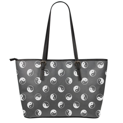 Grey And White Yin Yang Pattern Print Leather Tote Bag