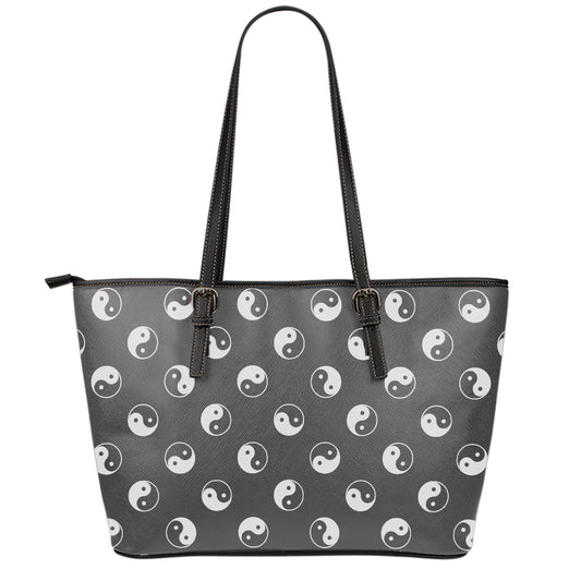 Grey And White Yin Yang Pattern Print Leather Tote Bag