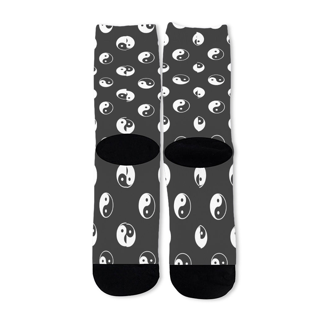 Grey And White Yin Yang Pattern Print Long Socks