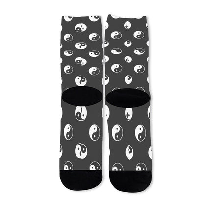 Grey And White Yin Yang Pattern Print Long Socks