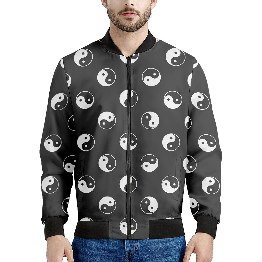 Grey And White Yin Yang Pattern Print Men's Bomber Jacket