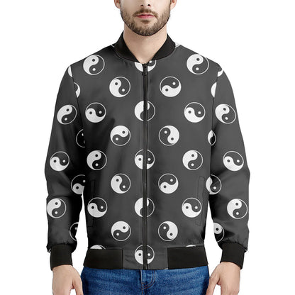 Grey And White Yin Yang Pattern Print Men's Bomber Jacket