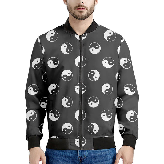 Grey And White Yin Yang Pattern Print Men's Bomber Jacket