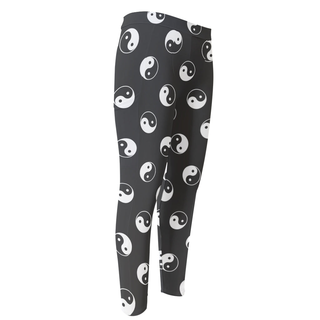 Grey And White Yin Yang Pattern Print Men's Compression Pants