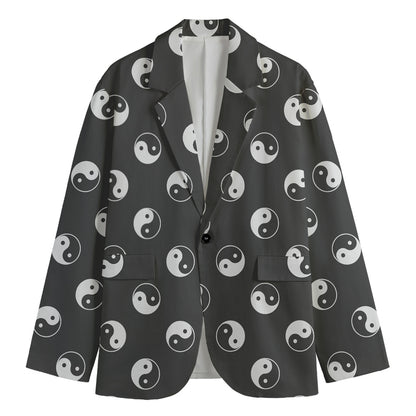 Grey And White Yin Yang Pattern Print Men's Cotton Blazer