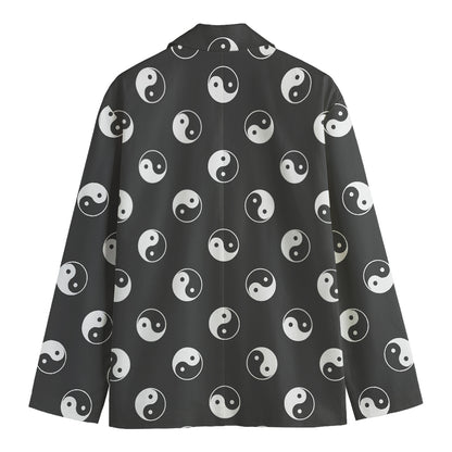 Grey And White Yin Yang Pattern Print Men's Cotton Blazer